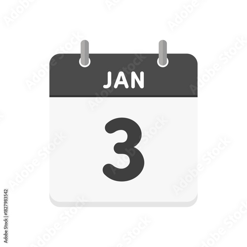 1月3日･JAN 3の日めくりカレンダーのアイコン - 1/3の日付入りの白黒の英語の暦