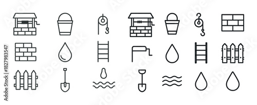 Vector icons: well, bucket, pulley, ladder, shovel, fence, water drop, brick