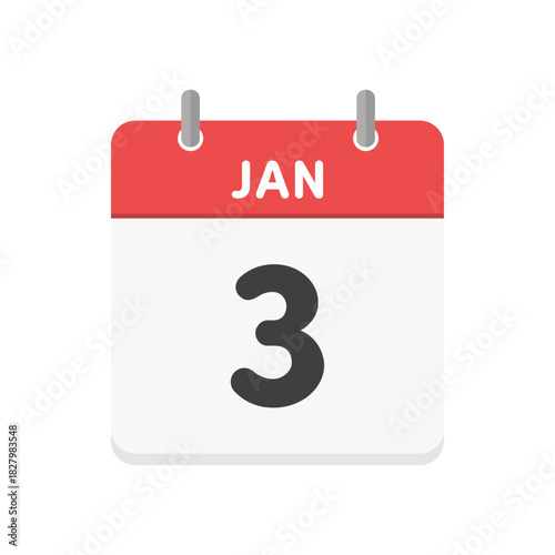 1月3日･JAN 3の日めくりカレンダーのアイコン - 1/3の日付入りのシンプルな赤い英語の暦