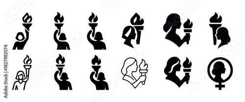 Silhouette icons of people holding torches and feminist symbols