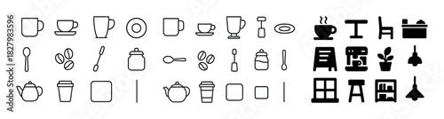Minimalist kitchen icons: cups, plates, spoons, and furniture symbols