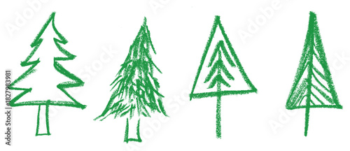 Pine Tree Simple Crayon Chalk Drawing Doodle Vector Set
