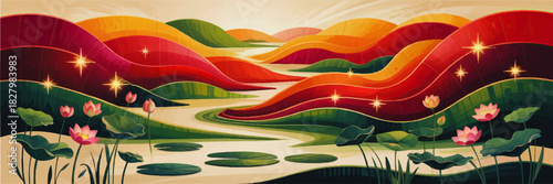 Colorful fantasy lotus lake with glowing stars and abstract rolling hills, dreamy sunset landscape illustration background