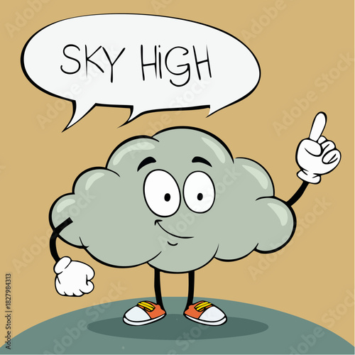 Cheerful cloud character pointing upwards with enthusiasm, inspiring dreams and limitless possibilities for creative projects and motivational designs