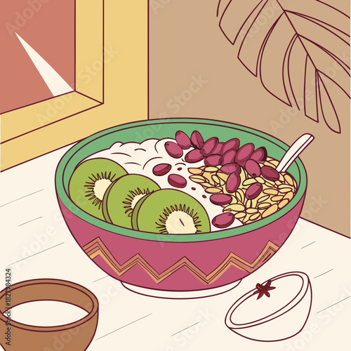 A vibrant bowl of oatmeal with kiwi nuts and berries.