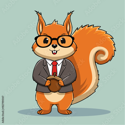 Whimsical squirrel character in business suit holding acorn, originally a scalable vector graphic, perfect for playful branding and engaging educational content