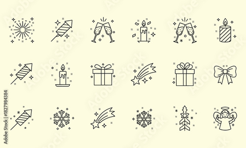 Minimalist black and white holiday icon set featuring fireworks, gifts, candles, snowflakes, and celebratory festive elements