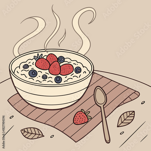 Bowl of Oatmeal with Berries and Steam Illustration.