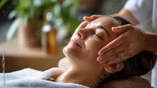 Young individual during face peeling procedure in establishment faceless woman defocused salon background exfoliation treatment scene skincare service moment with copy space