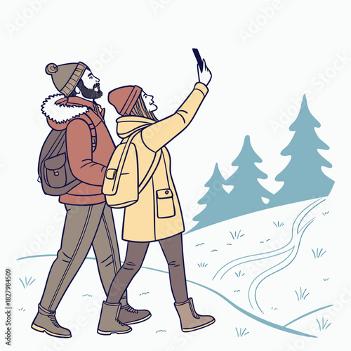Couple hiking in winter taking a selfie in a snowy landscape.