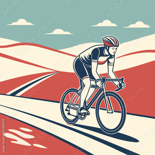 Cyclist riding on a road through a hilly landscape.