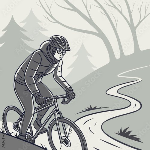 Cyclist riding on a winding path wearing helmet and winter gear.