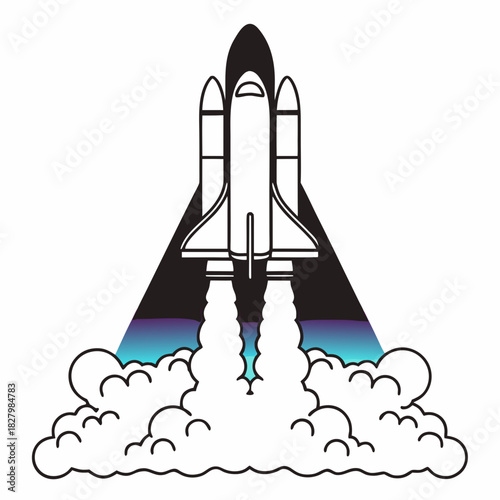 Detailed Line Art of a Space Shuttle Launching with Smoke.