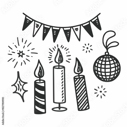 Festive Celebration Doodle with Candles Garland and Disco Ball.