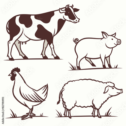 Farm Animals Illustration Cow Pig Chicken and Sheep in Simple Style.