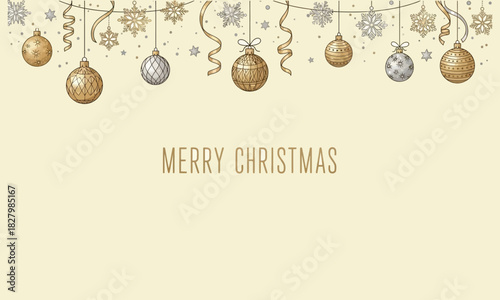 Minimalist elegant Christmas banner with gold and silver ornaments, snowflakes, ribbons, and refined hand-lettered