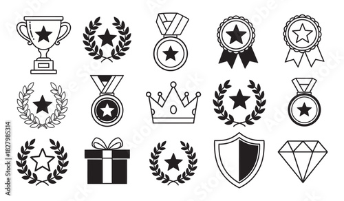 Achievement, success, and victory outline icon set featuring trophies, medals, crowns, laurels, shields, and stars Vector