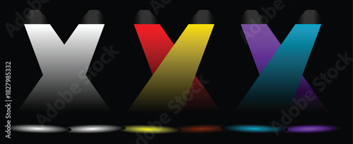 A vector illustration of a row of colorful stage spotlights casting beams of light in a spectrum of vibrant colors