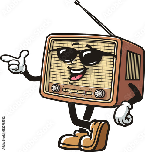Cartoon mascot of Radio wearing sunglasses