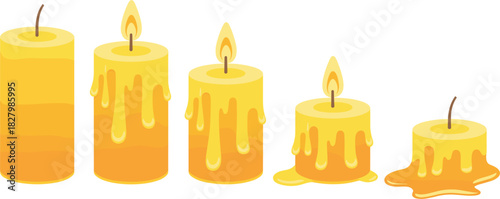 Five yellow candles in different stages of burning and melting flame