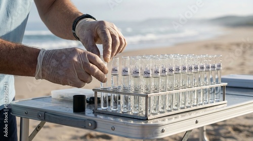 Scientist Organising Water Test Tubes for Coastal Depth Analysis