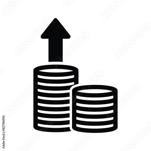 Stacked coins with an upward arrow symbolizing financial growth, profit, and investment return