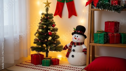 Festive Christmas cheer with adorable snowman, decorated tree, and colorful presents creating a warm holiday atmosphere for heartwarming seasonal celebrations