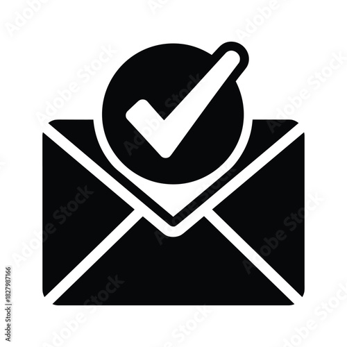 Black and white icon of an envelope with a checkmark inside a circle