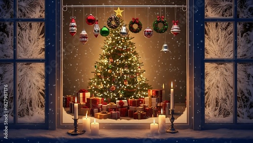 Experience cozy Christmas magic with a beautifully decorated tree, gifts, and candlelight seen through a frost-covered window on a snowy evening