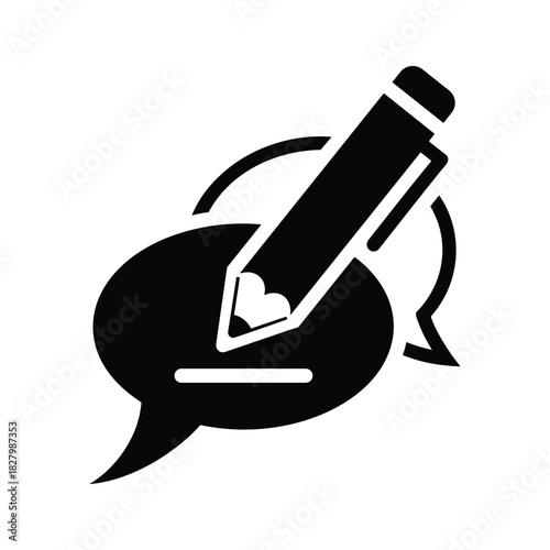 Black and white icon of a pencil writing on a speech bubble, isolated on
