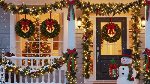 Charming home decorated for Christmas with festive wreaths, twinkling lights, and adorable snowman creating a cozy and inviting winter holiday scene