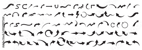 A comprehensive collection of various black arrow icons, featuring curved, wavy, and circular vector symbols for direction