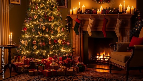 Cozy Christmas evening scene with gifts under a glowing tree and stockings hung by a warm fireplace, creating a festive holiday atmosphere