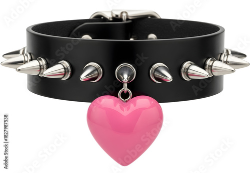 Black leather spiked choker with a large pink heart pendant