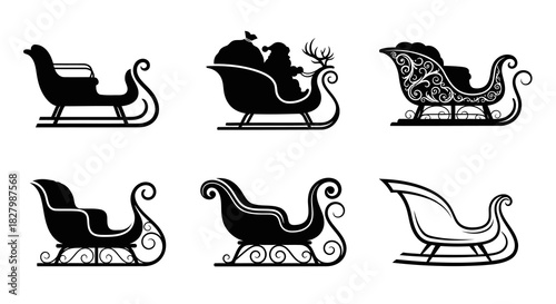 Set of Winter Sleigh Vector Illustrations in Various Styles Featuring Empty Sleighs and Sleighs with Santa Claus and Gifts Ideal for Holiday Designs and Decorations Long Format