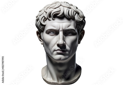Ancient roman marble bust of a stern man against a black background