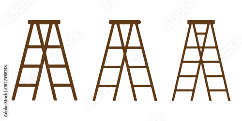 A collection of three distinct wooden A-frame step ladders, shown as a flat vector illustration for various projects