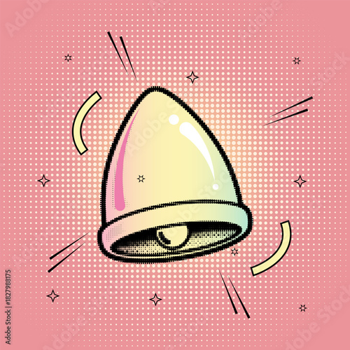  A colorful ringing bell icon in a retro pop art comic style with a halftone effect on a pink and yellow background, vector illustration