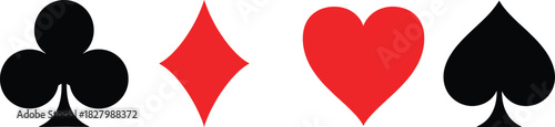 Black and red playing card suits on white background, club, diamond, heart, spade, playing card, suit, symbol, game, casino, gambling, luck, chance, red, black, white, graphic, illustration, simple, c