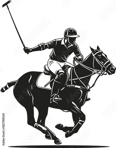 Black and white illustration of a polo player on a galloping horse, polo, horse, rider, sport, game, equestrian, action, speed, motion, gallop, black and white, silhouette, illustration, graphic, desi