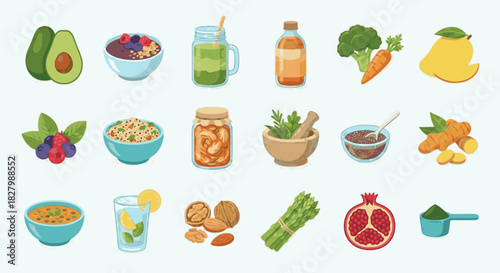 Vector set of healthy food and superfood icons. Organic food, diet, detox drinks, fresh vegetables and fruits collection
