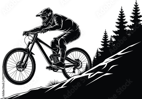 Black and white silhouette of a downhill mountain biker, mountain bike, downhill biking, cyclist, silhouette, black and white, extreme sports, action, riding, helmet, protective gear, trees, forest, m