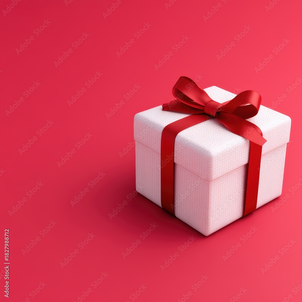 Fototapeta premium A white gift box with a red ribbon sits on a vibrant red background, symbolizing celebration and giving.