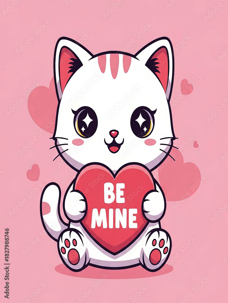 Obraz premium Cute cartoon cat holding a 'be mine' heart on a pink background