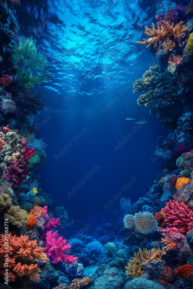 Fototapeta premium Underwater Coral Reef Frame with Deep Blue Ocean Copyspace