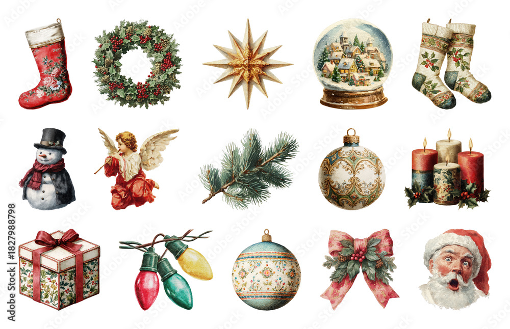 Obraz premium PNG Vintage Christmas holiday decoration collection, element set on transparent background