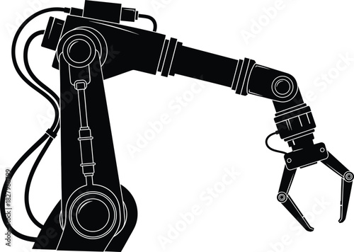 Black robotic arm with gripper on white background, robotic arm, robot, industrial robot, automation, technology, machine, mechanical, gripper, claw, manipulator, engineering, manufacturing, factory, 
