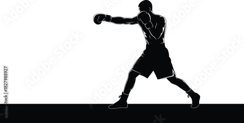 Black silhouette of a boxer throwing a punch boxing, boxing, boxer, silhouette, punch, fighting, sport, athlete, action, movement, training, combat, martial arts, fitness, strength, power, aggression,