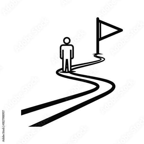 Black line icon of a person on a path leading to a flag, isolated on