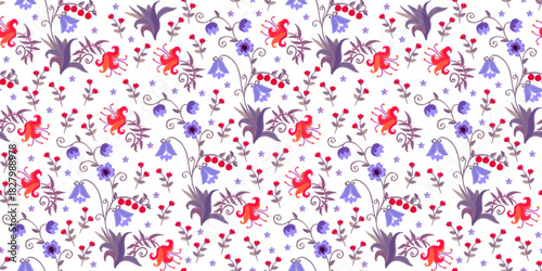 Seamless floral pattern with embroidered lilies, bells, berries and small flo...